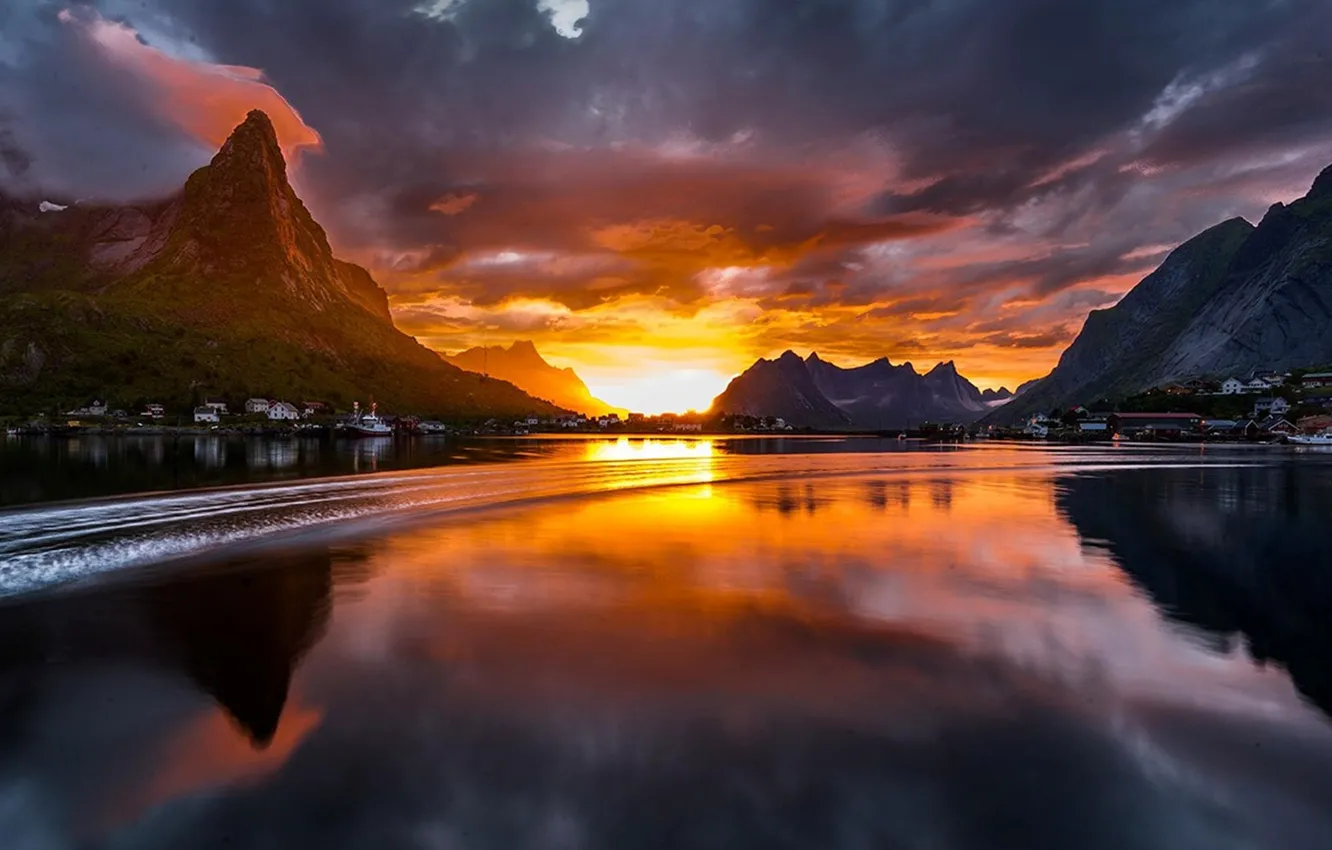 Photo wallpaper sunset, mountains, river, beautiful