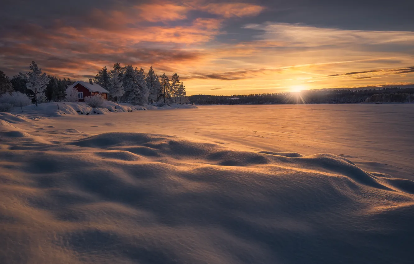 Photo wallpaper winter, the sky, the sun, rays, dawn, Norway, Norway, neg