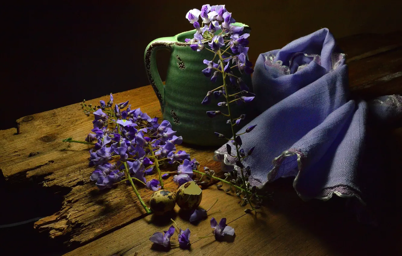 Photo wallpaper flowers, green, Board, eggs, towel, fabric, pitcher, black background