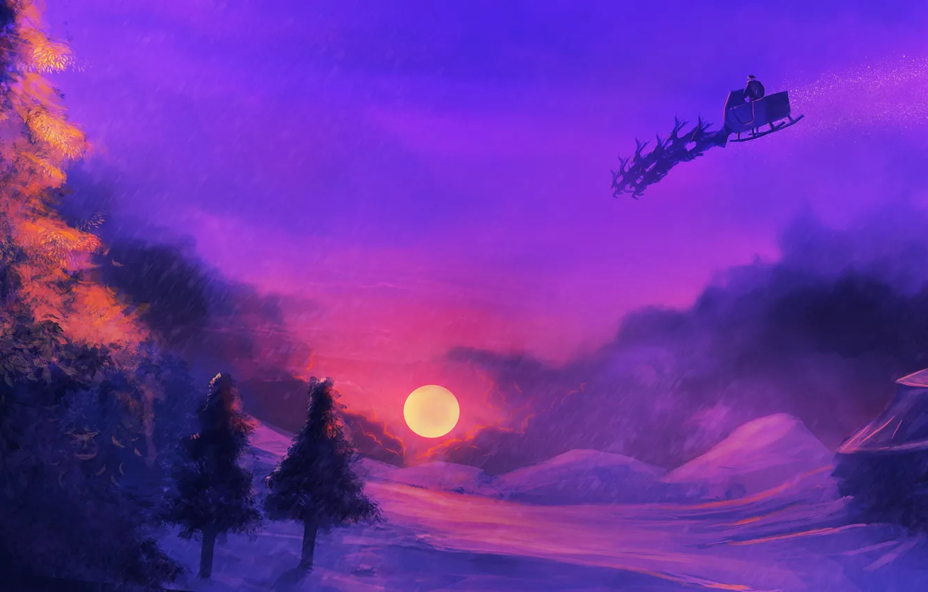 Photo wallpaper the sky, the sun, snow, sunset, tree, sleigh, Santa