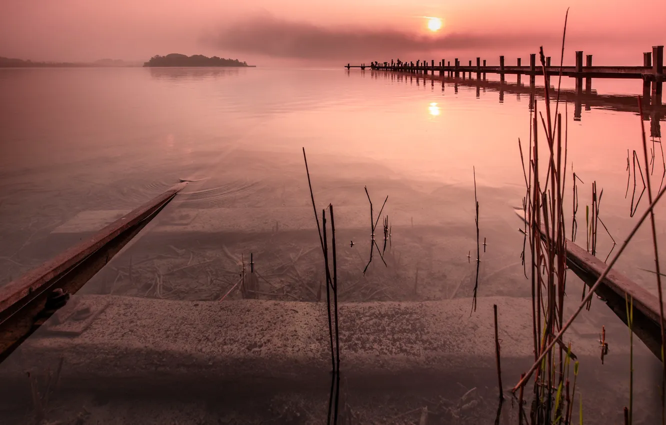 Photo wallpaper sunset, fog, lake