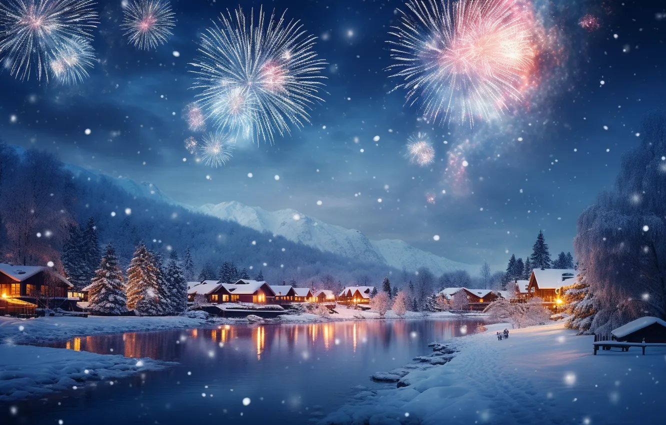 Photo wallpaper winter, snow, night, lights, new year, salute, village, Christmas
