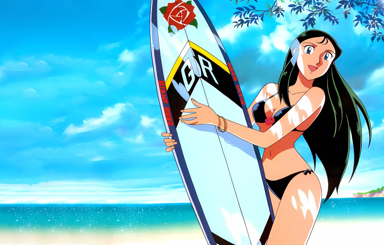 Photo wallpaper girl, sexy, cleavage, beach, sky, long hair, sea, boobs