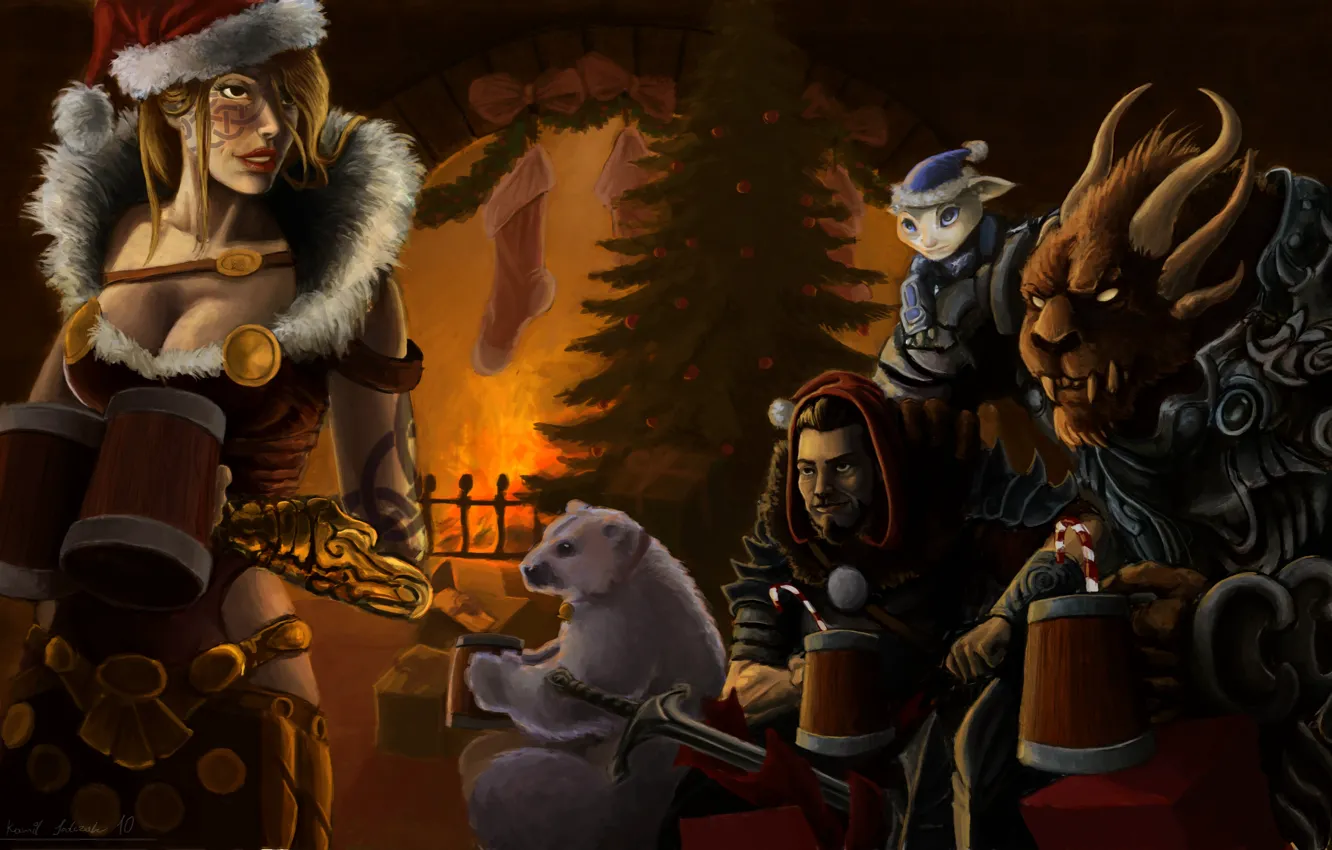 Photo wallpaper girl, tree, new year, spruce, bear, art, mug, fireplace