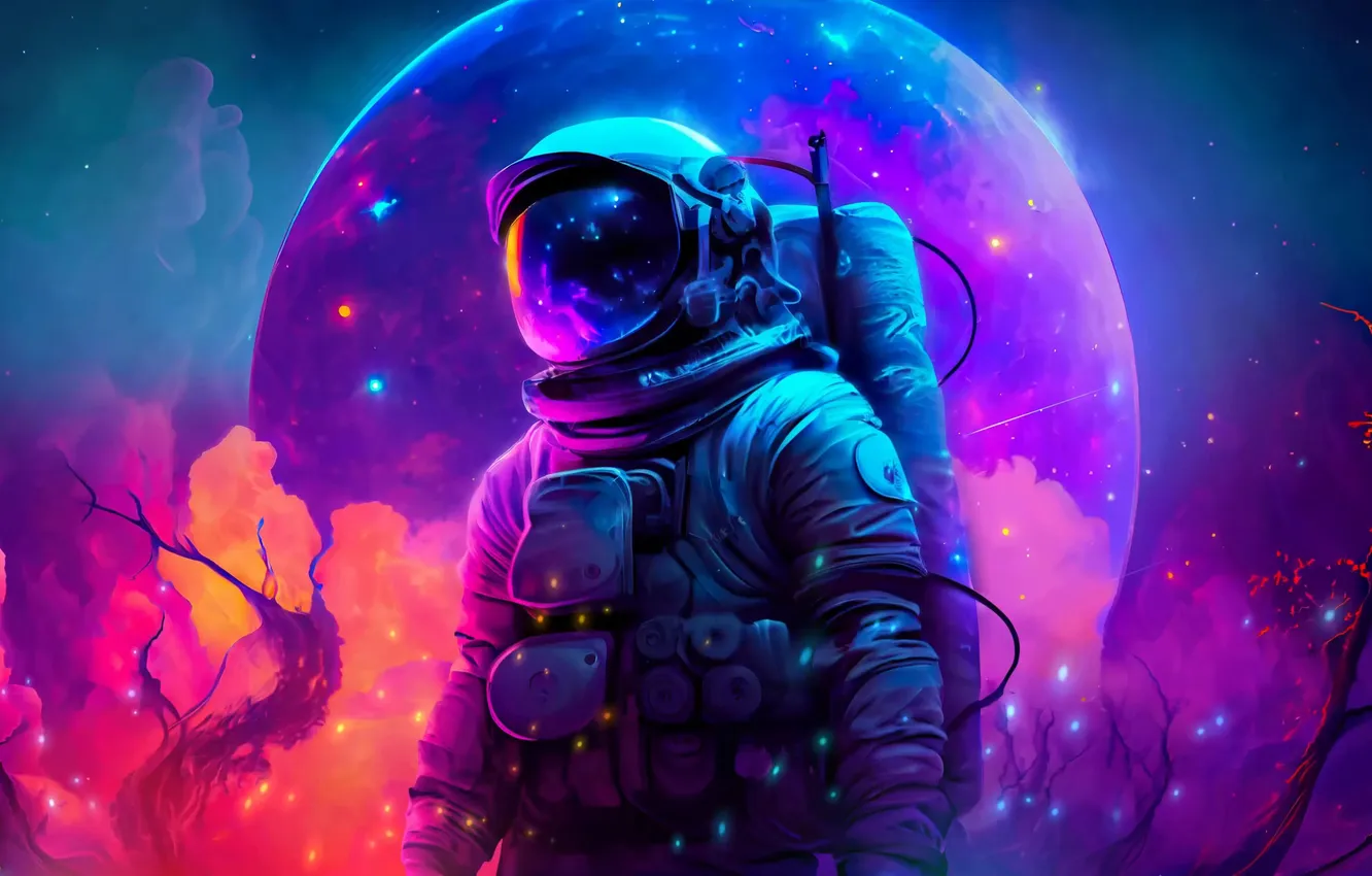 Photo wallpaper Galaxy, Neon, man, astronaut, month, AI Art