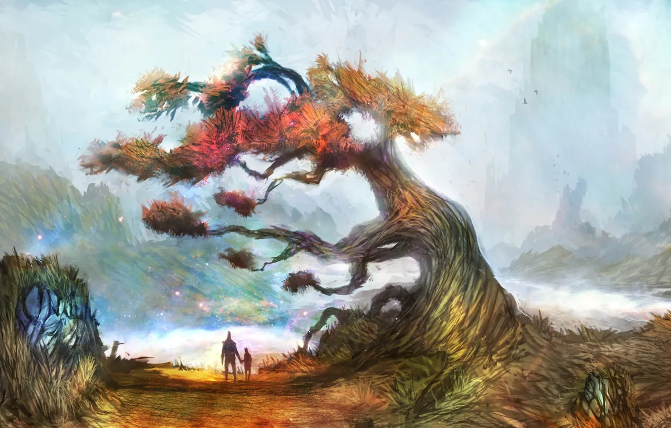 Photo wallpaper trees, fog, boy, art, male