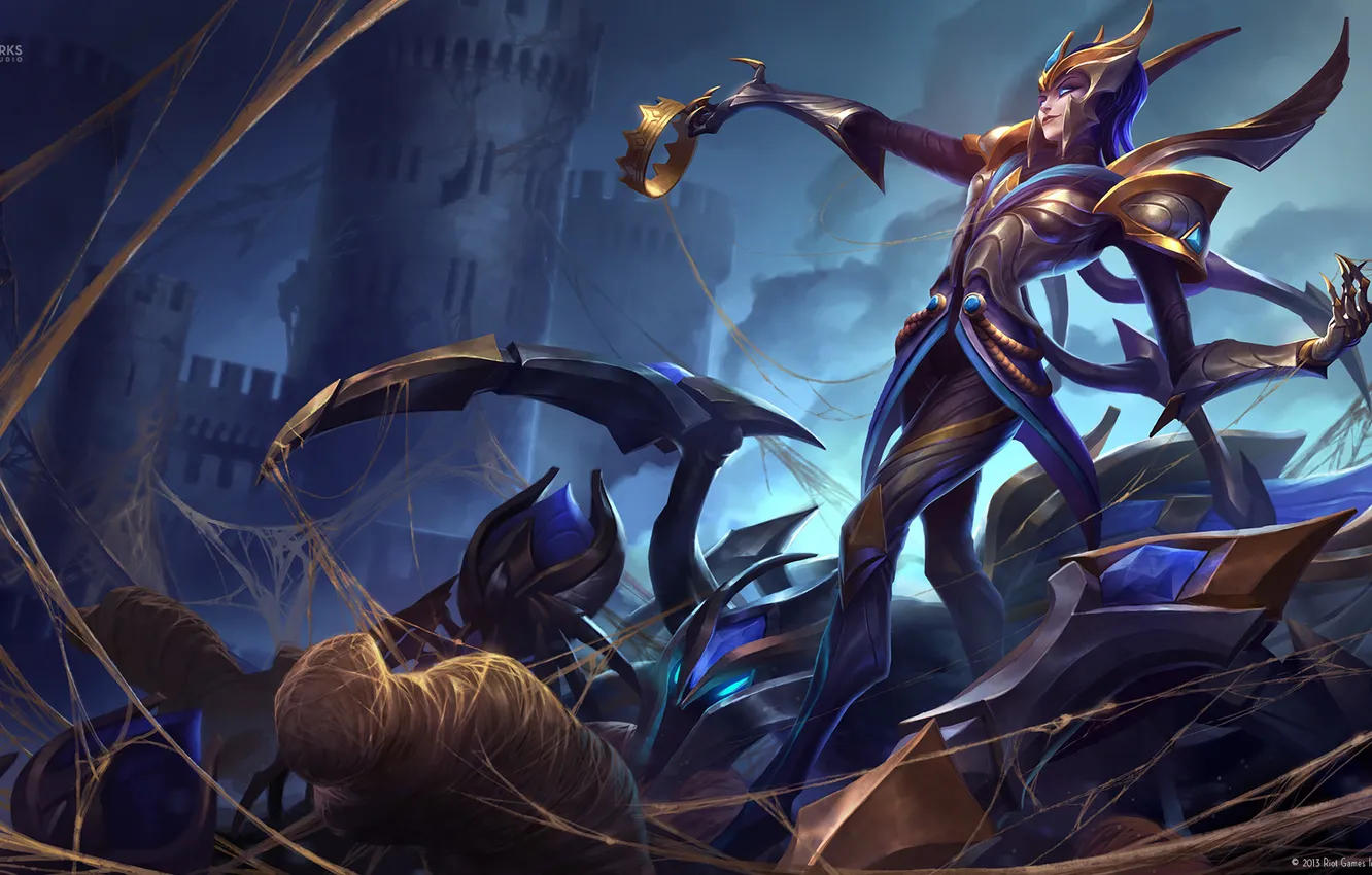 Photo wallpaper girl, castle, web, crown, art, cocoon, League of Legends, Elise