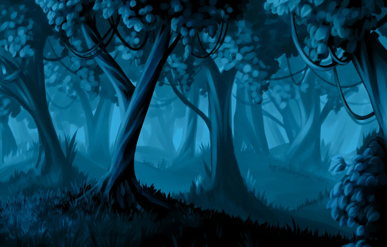 Photo wallpaper forest, grass, trees, night, art, the bushes, vines
