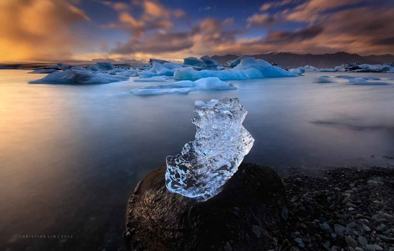 Photo wallpaper ice, sea, sunset, mountains, glacier