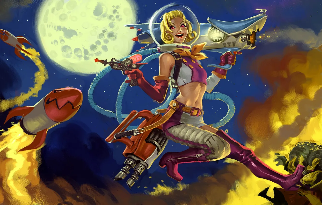 Photo wallpaper night, the moon, missiles, lol, league of legends, Jinx