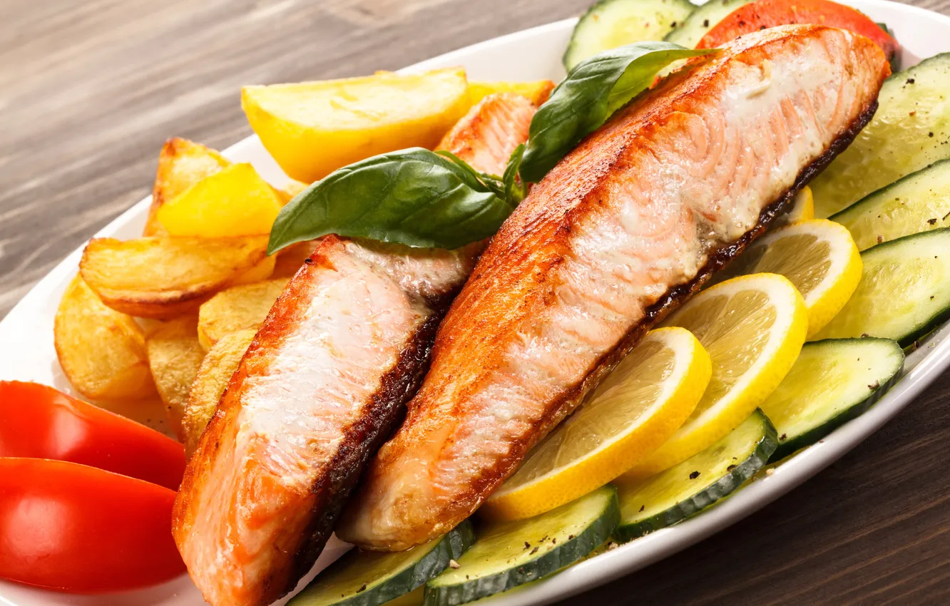 Photo wallpaper photo, lemon, food, fish, cucumbers, seafood