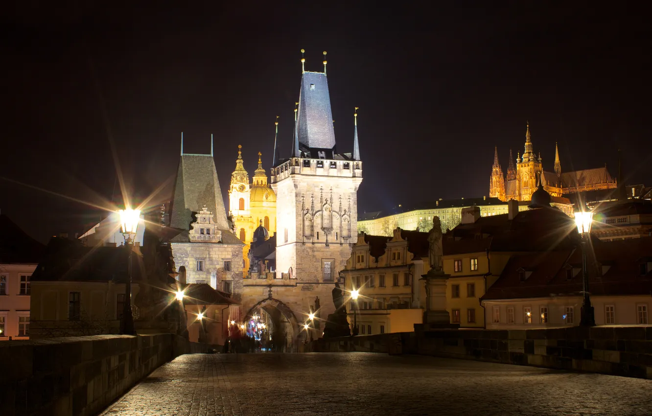 Photo wallpaper night, lights, tower, Prague, Czech Republic, Cathedral, Charles bridge