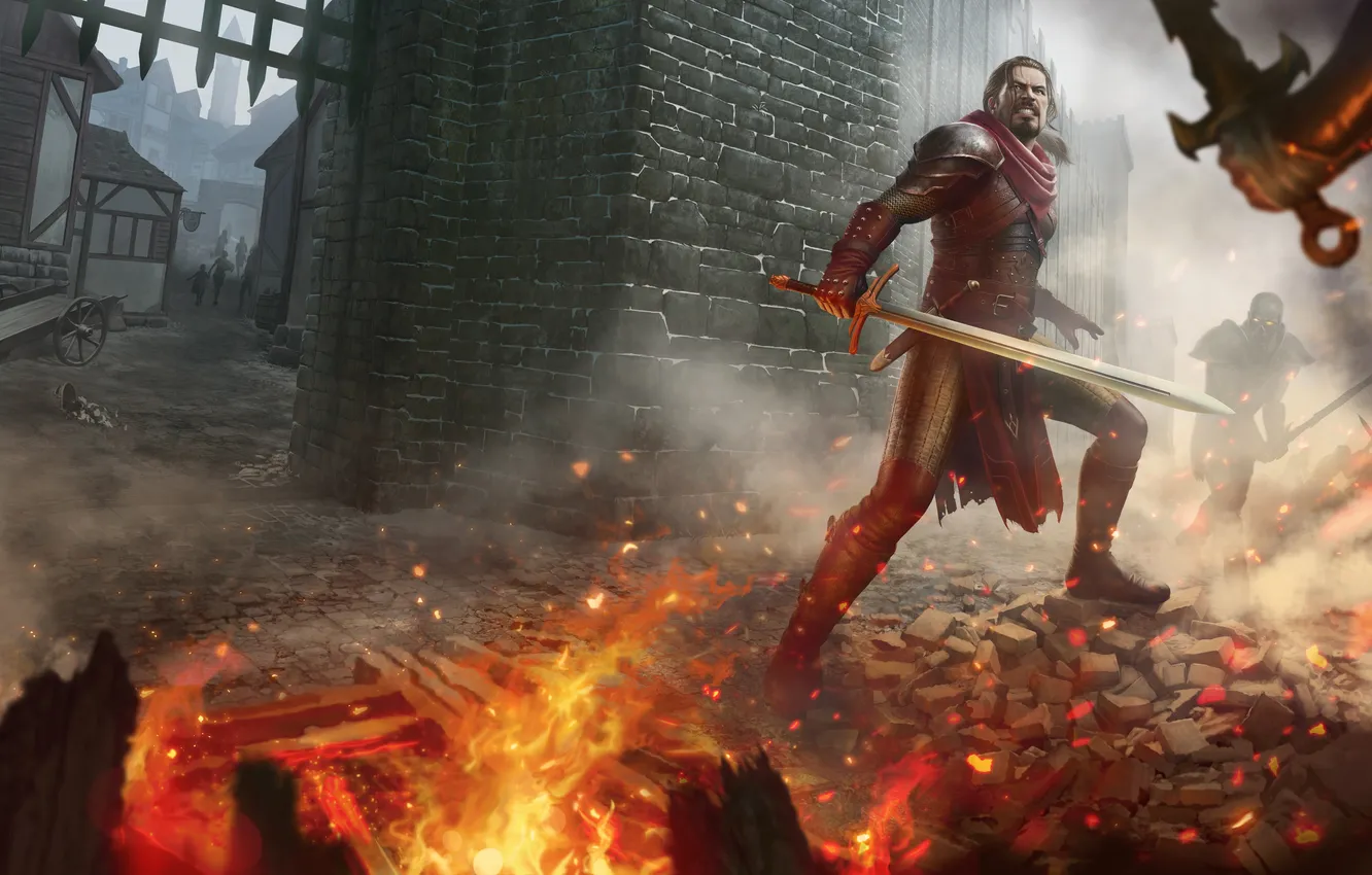 Photo wallpaper lights, wall, magic, sword, warrior, fortress, dead