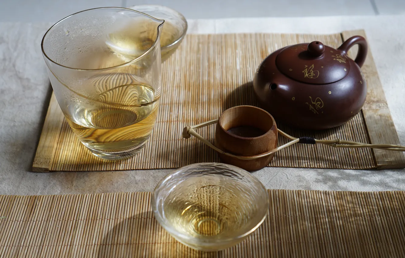 Photo wallpaper glass, light, tea, kettle, pair, the tea party, Cup, dishes