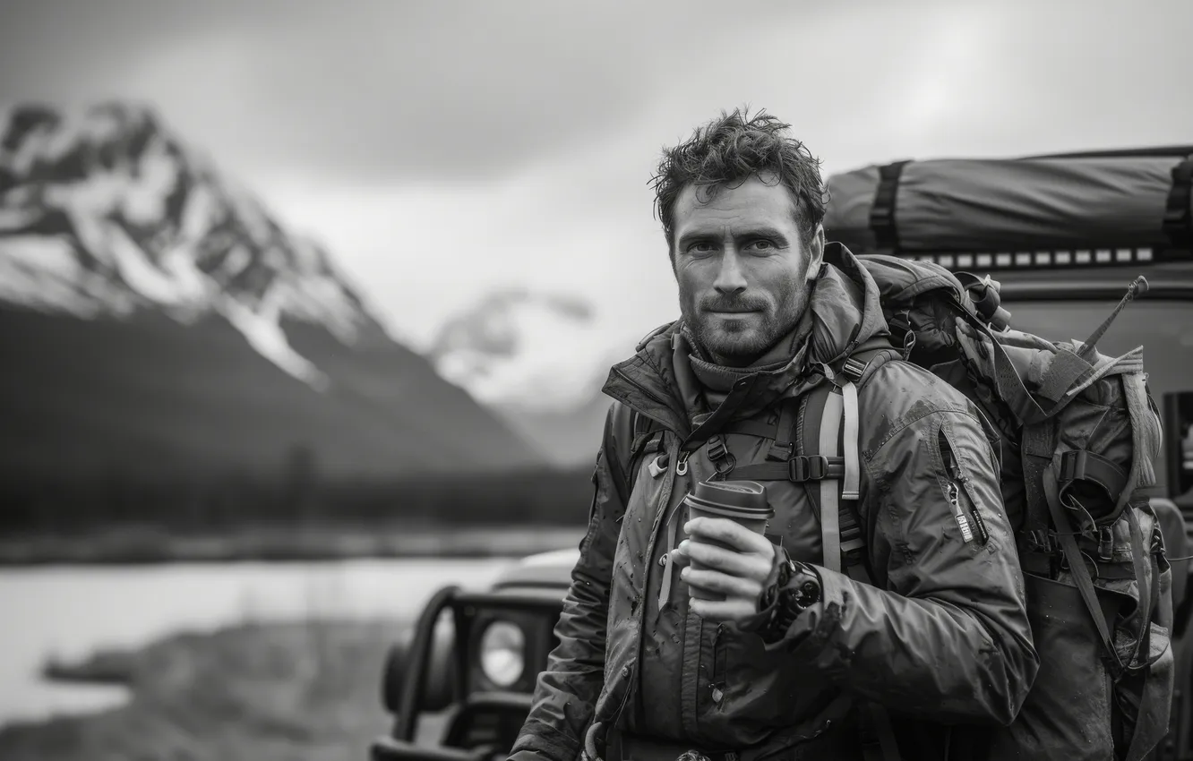 Photo wallpaper traveler, male, journey, tourists, black and white photo