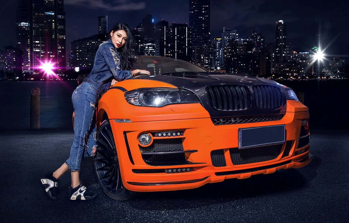 Photo wallpaper auto, look, girl, BMW, Asian, beautiful girl, leaning on the car