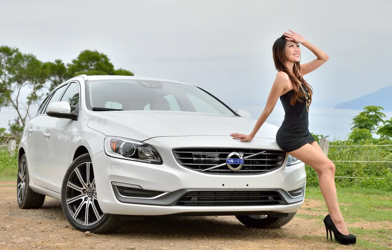 Photo wallpaper look, girl, smile, Volvo, Asian, beautiful girl, white car, beautiful dress