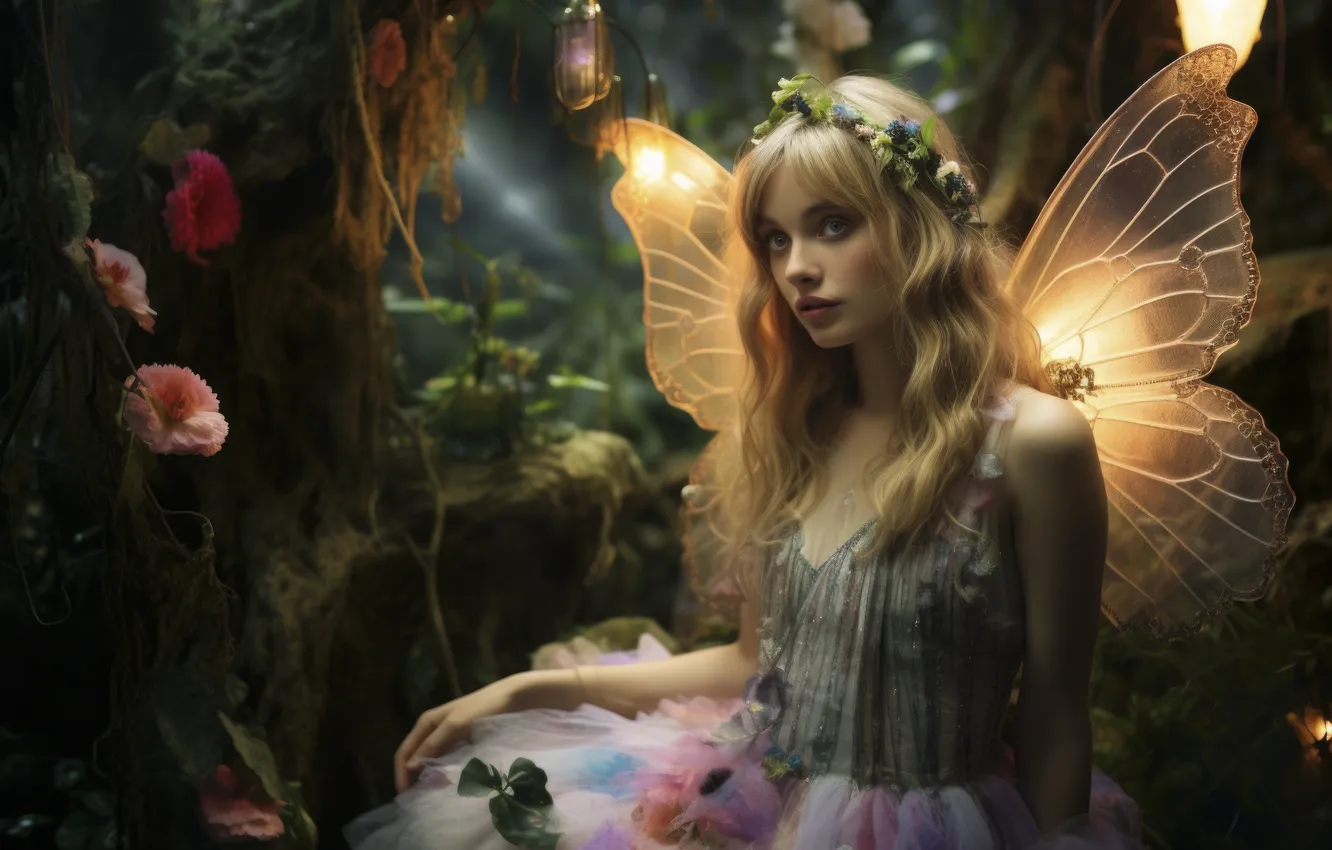 Photo wallpaper forest, girl, trees, flowers, wings, fairy, blonde, digital art