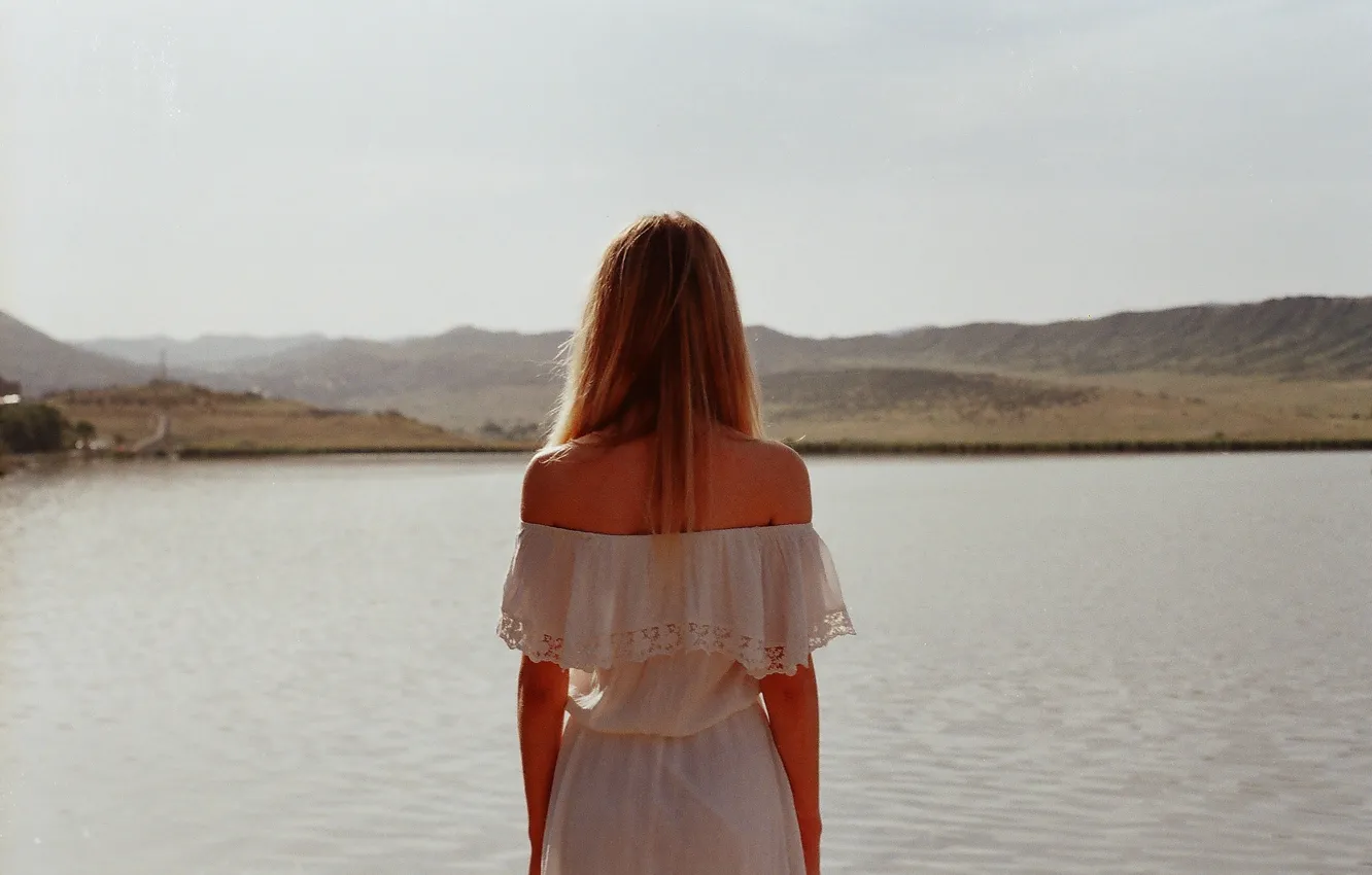 Photo wallpaper girl, dress, lake, hair