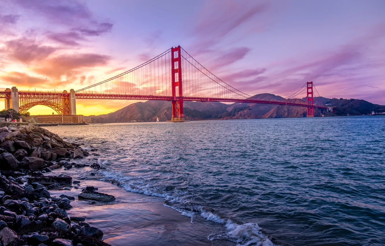 Photo wallpaper USA, Golden Gate Bridge, United States, river, sky, sunset, water, California