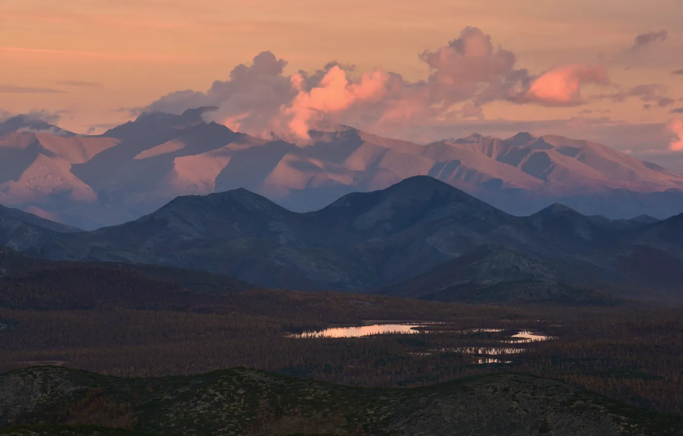 Photo wallpaper autumn, forest, the sky, clouds, mountains, hills, height, haze