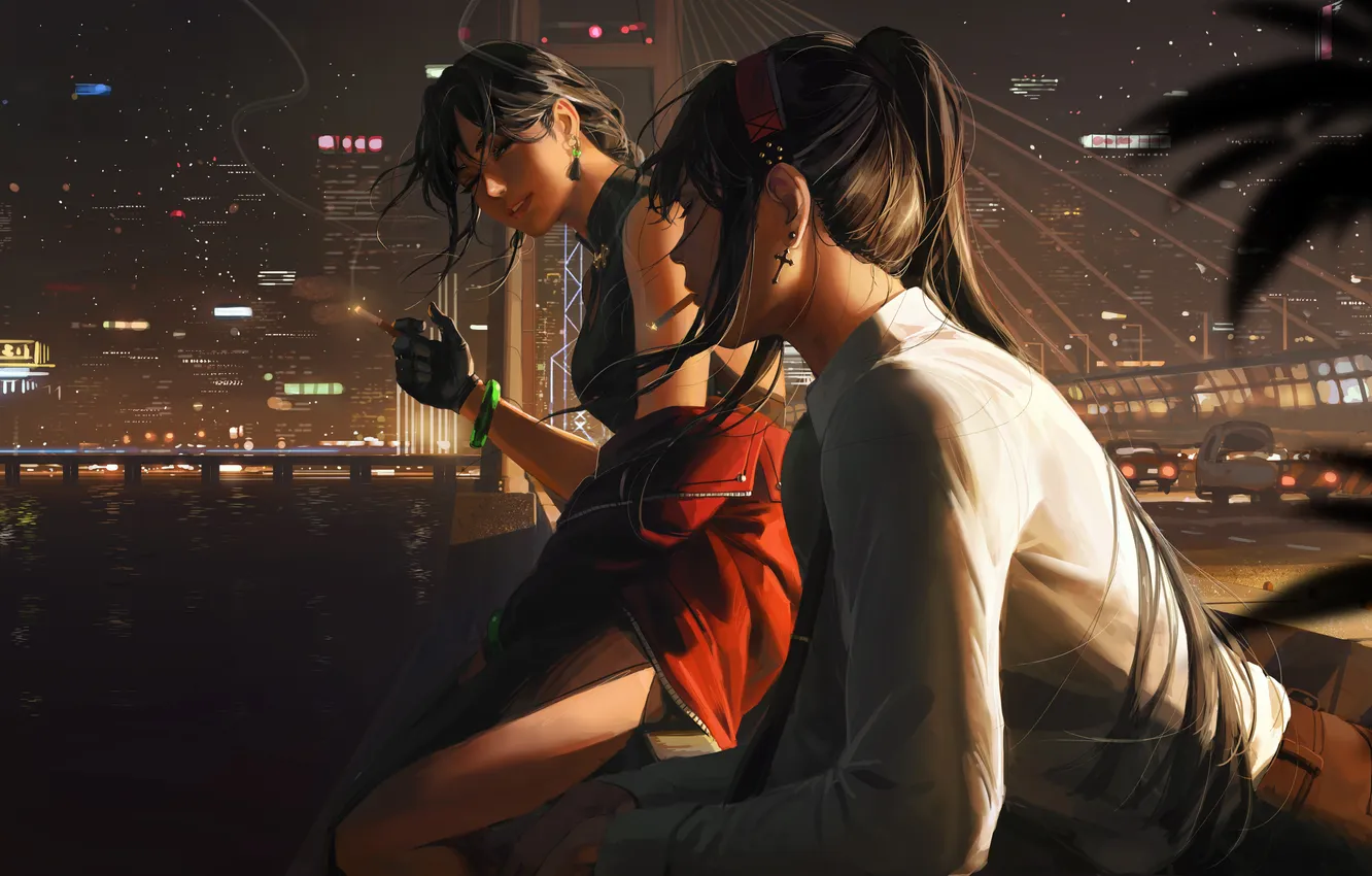 Photo wallpaper auto, girl, night, bridge, the city, cigarette, Guweiz