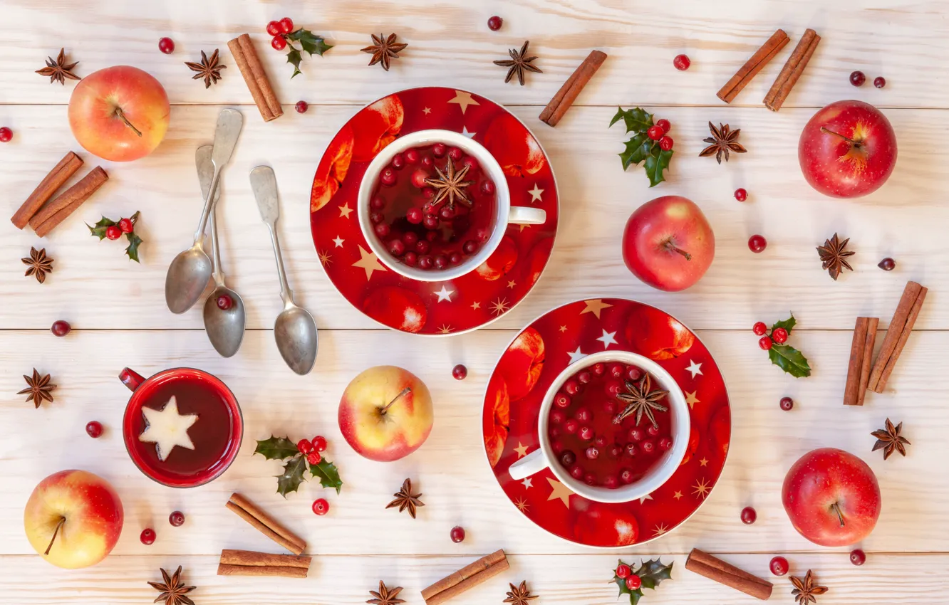 Photo wallpaper berries, apples, Christmas, fruit, cinnamon, Christmas, winter, cup
