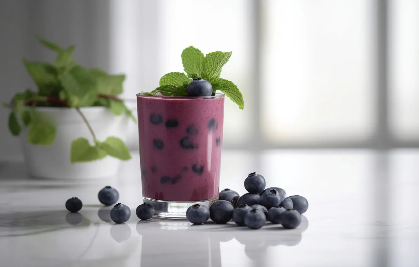 Photo wallpaper glass, berries, blueberries, juice, mint, dessert, digital art, smoothies