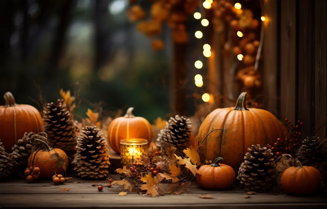 Photo wallpaper autumn, leaves, lights, home, candles, window, pumpkin, the scenery