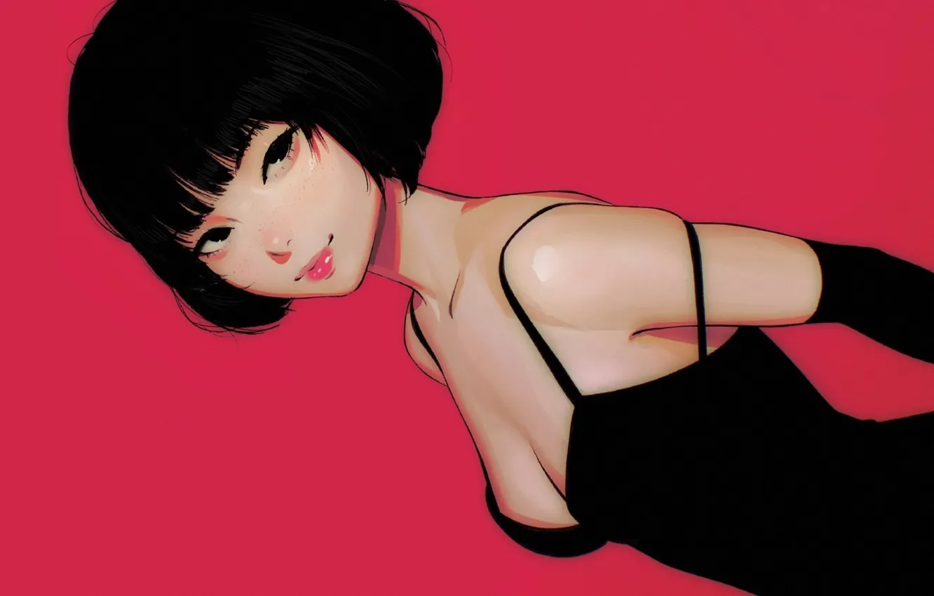 Photo wallpaper haircut, neckline, sponge, black dress, pink background, flirting, portrait of a girl, gloves elbow