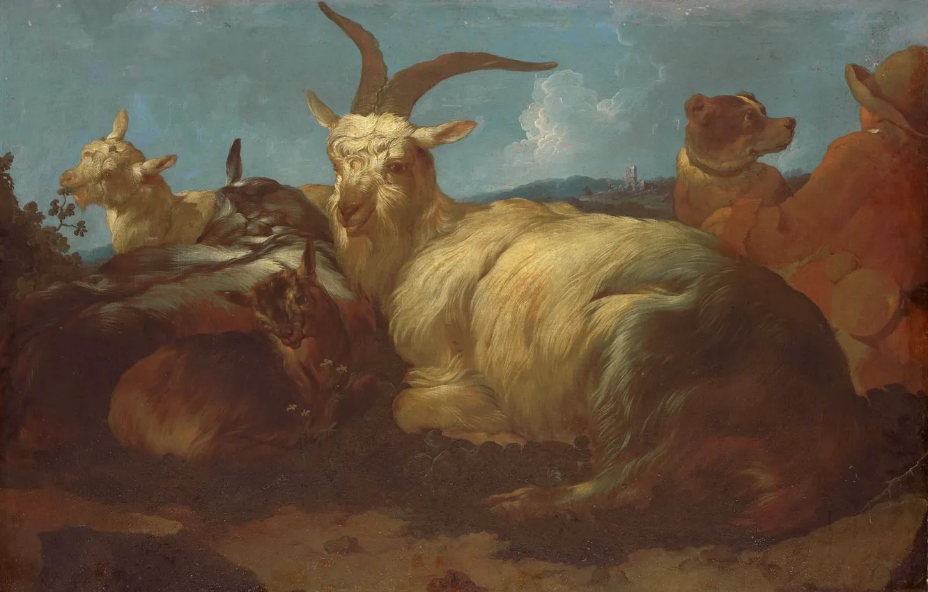 Photo wallpaper animals, oil, picture, canvas, 1683, Johann Melchior Roos, Johann Melchior Roos, Shepherd with Goats