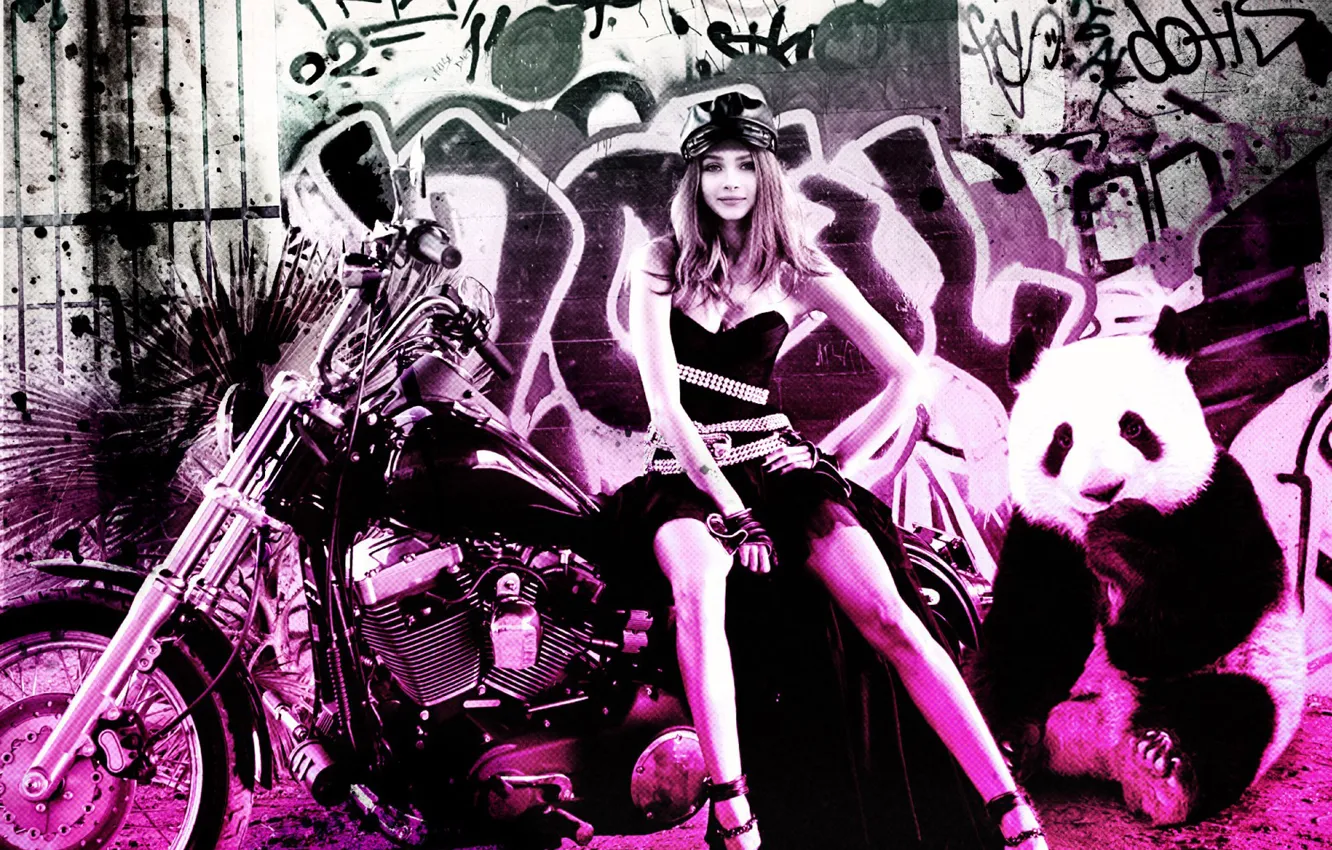 Photo wallpaper look, girl, smile, sweetheart, graffiti, Panda, motorcycle, legs