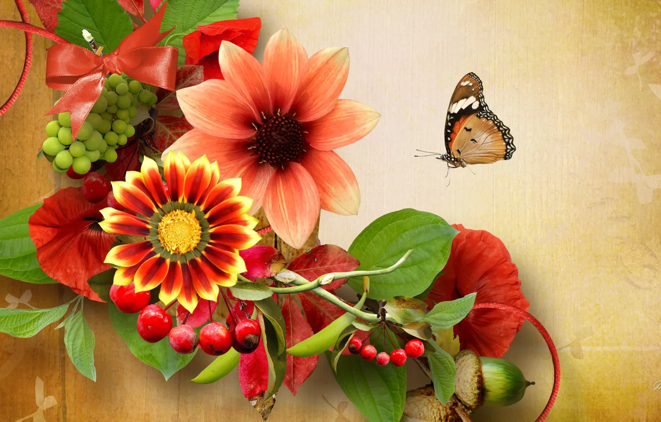Photo wallpaper flowers, nature, berries, collage, butterfly, acorn