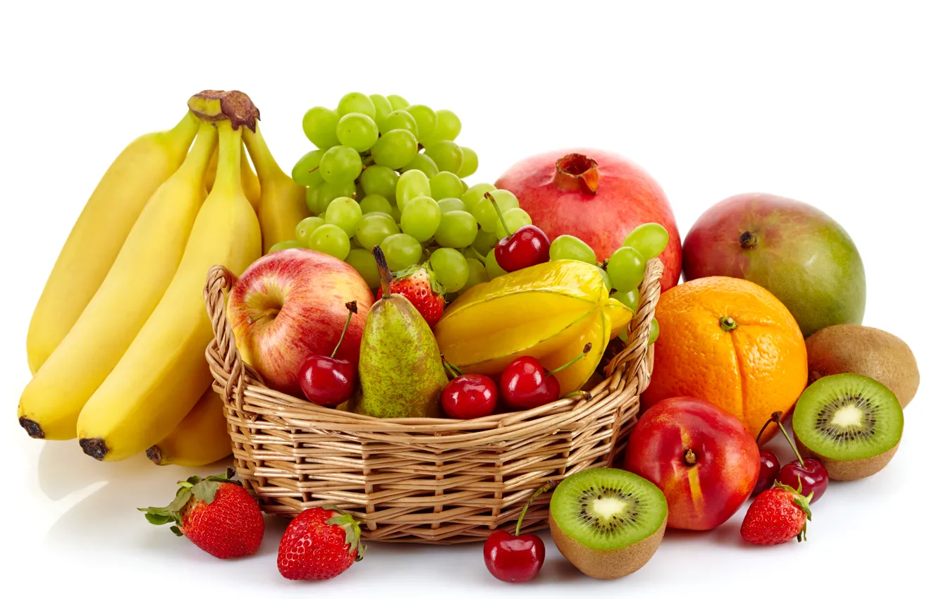 Photo wallpaper cherry, berries, basket, apples, orange, kiwi, strawberry, grapes