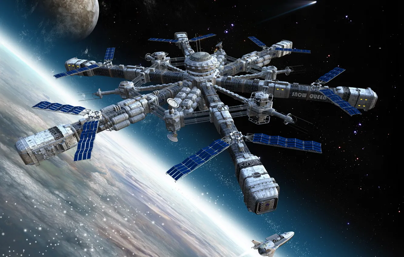 Photo wallpaper space, planet, station, Shuttle, docking