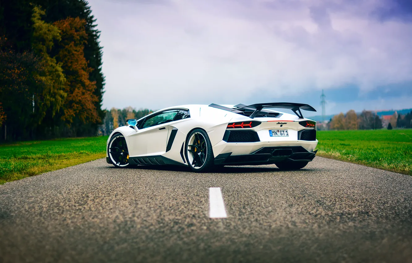 Photo wallpaper road, the sky, tuning, Lamborghini, white, Aventador