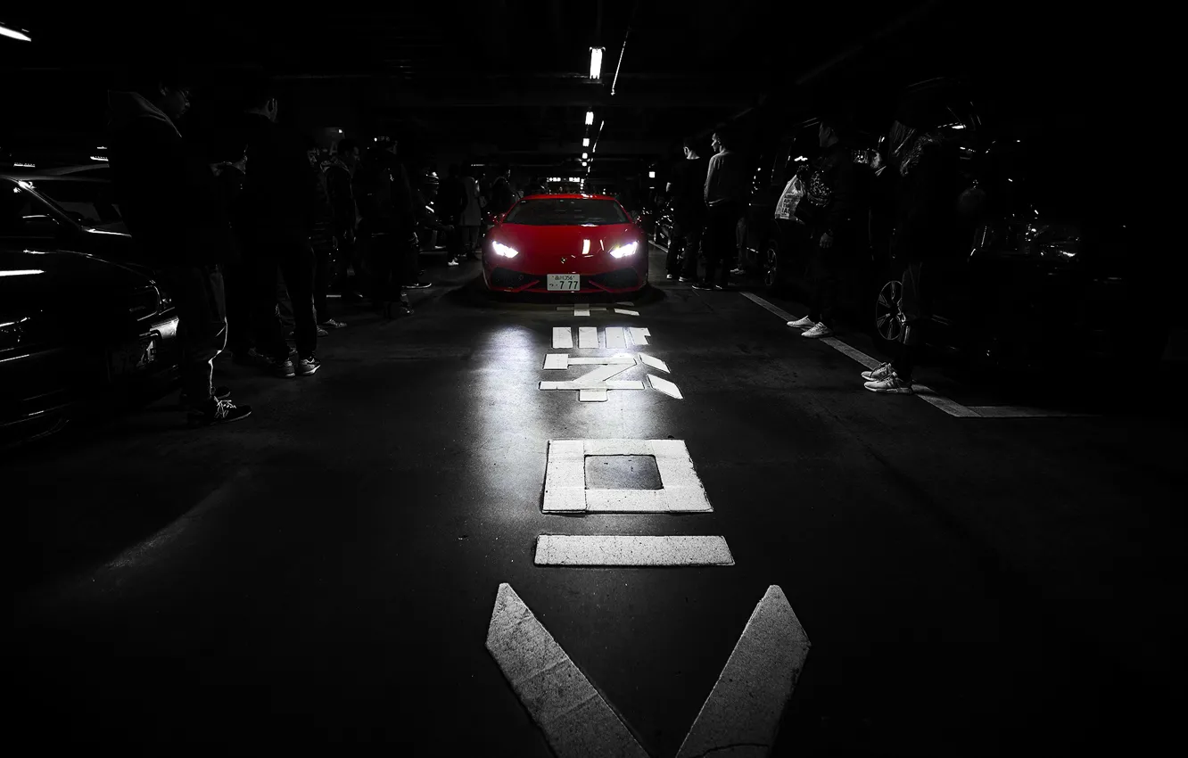 Photo wallpaper black & white, Lamborghini, red, tokyo, Huracan, people