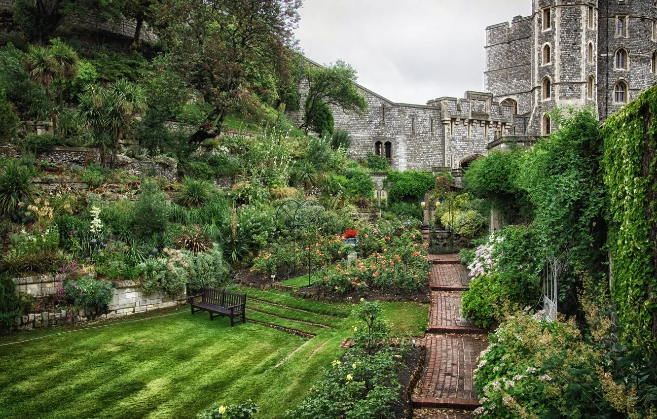 Photo wallpaper trees, flowers, castle, England, track, plants, shop, shrub