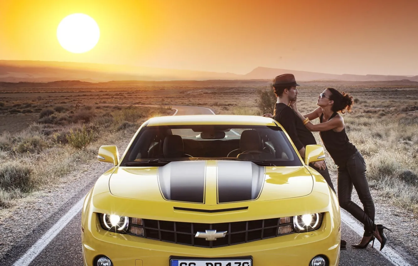 Photo wallpaper road, car, auto, the sky, girl, the sun, Chevrolet, Machine
