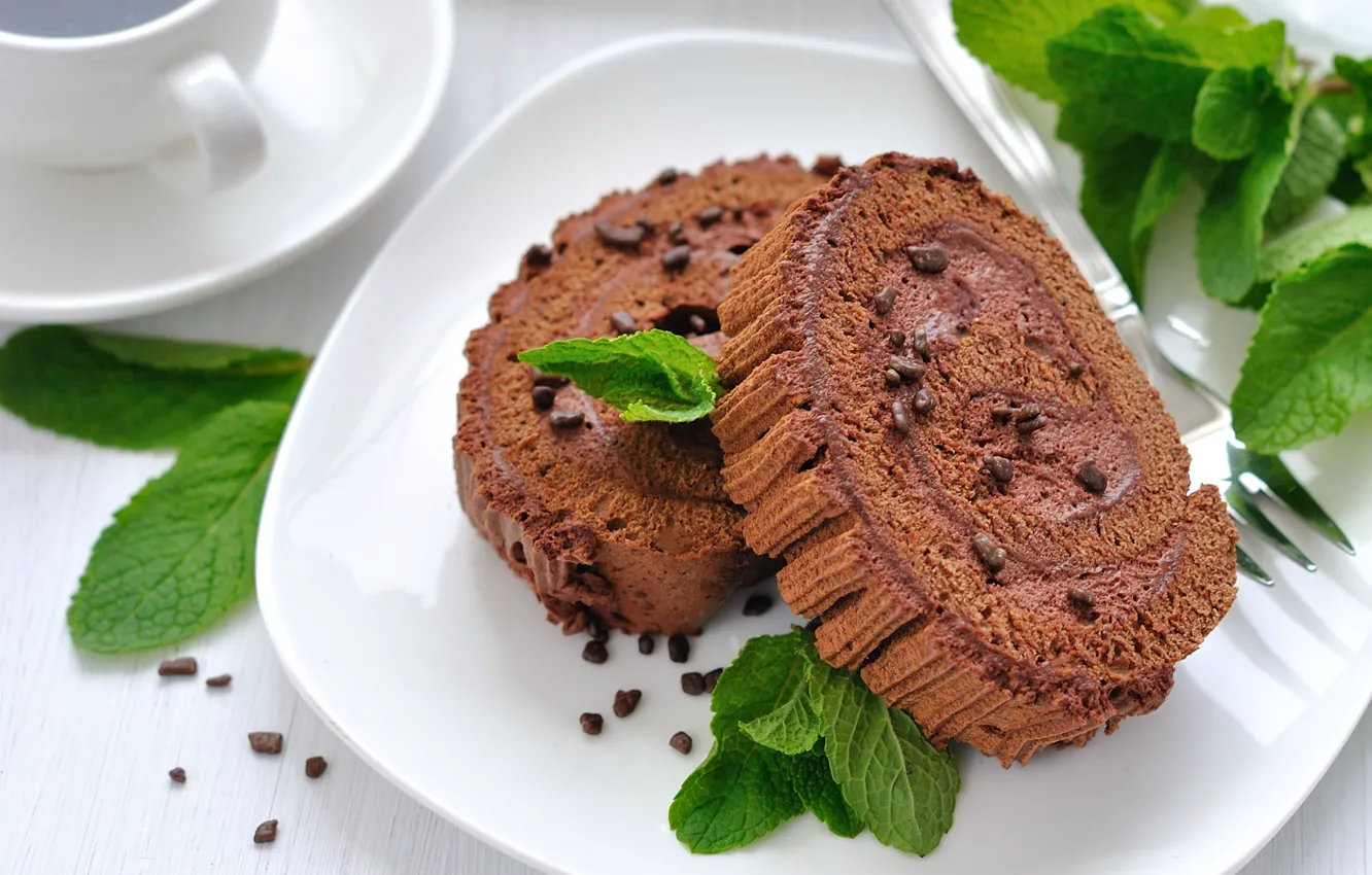 Photo wallpaper coffee, Cup, mint, cream, chocolate, roll