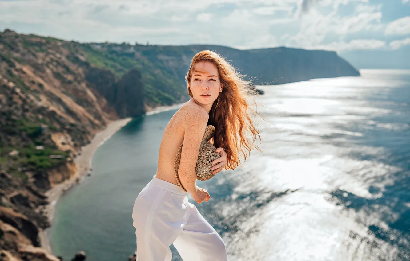 Photo wallpaper sea, girl, pose, coast, back, hat, red, redhead