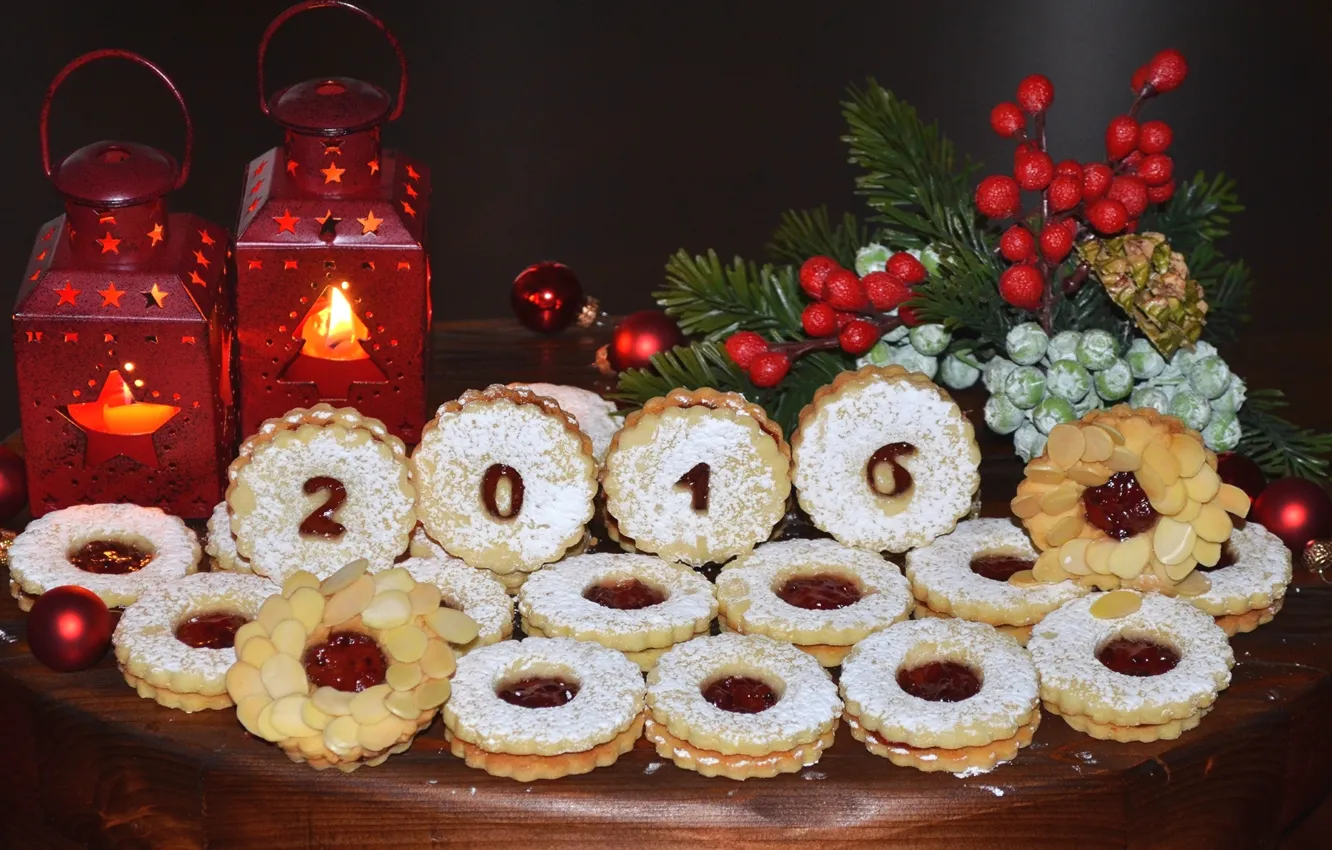 Photo wallpaper spruce, cookies, lights, cakes, 2016
