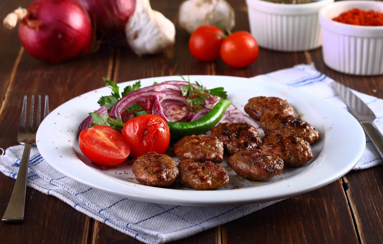 Photo wallpaper plate, vegetables, tomatoes, Patty, meatballs