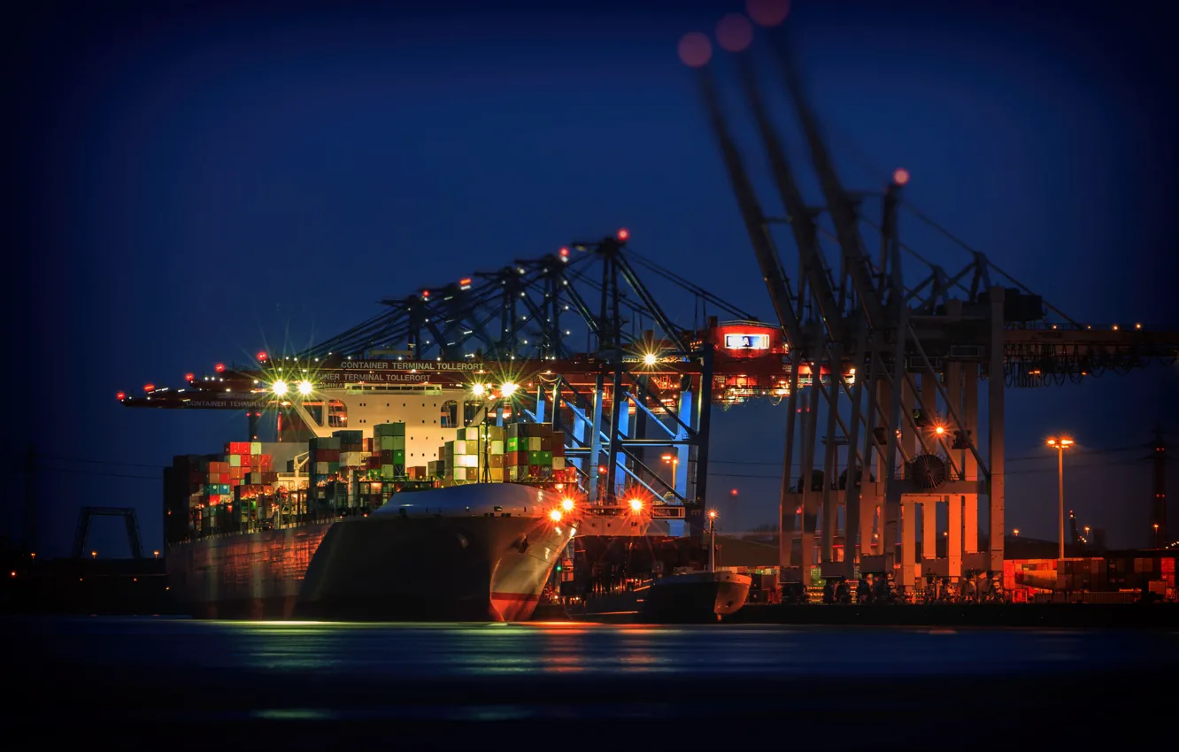 Photo wallpaper Port, Night, The ship, Technique, A container ship, Cranes, Zaton, Container terminal