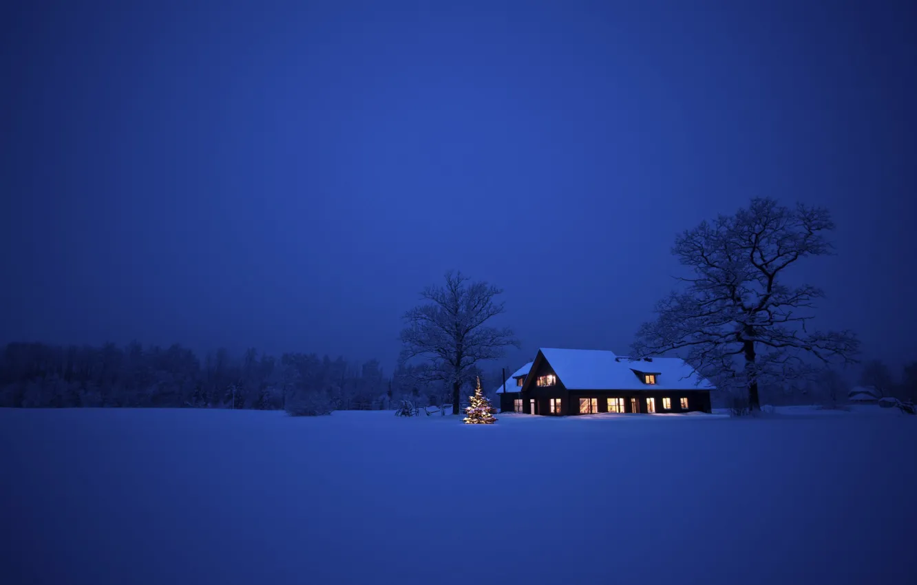 Photo wallpaper winter, snow, trees, landscape, night, nature, house, Christmas