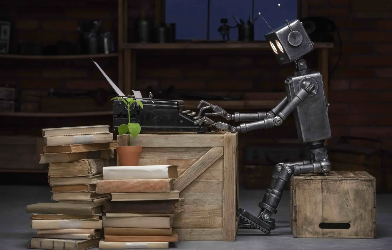 Photo wallpaper robot, typewriter, cyborg, artificial intelligence, Content creation, The robot writes the text, Neural networks, neural …