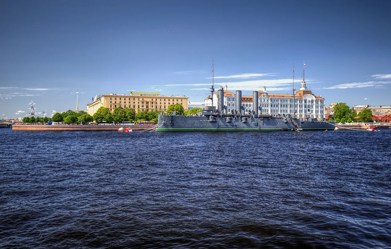 Photo wallpaper the sky, the sun, river, ship, home, Saint Petersburg, Aurora, Russia