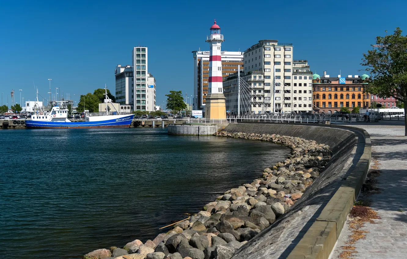Photo wallpaper lighthouse, pier, Sweden, City of Malmo