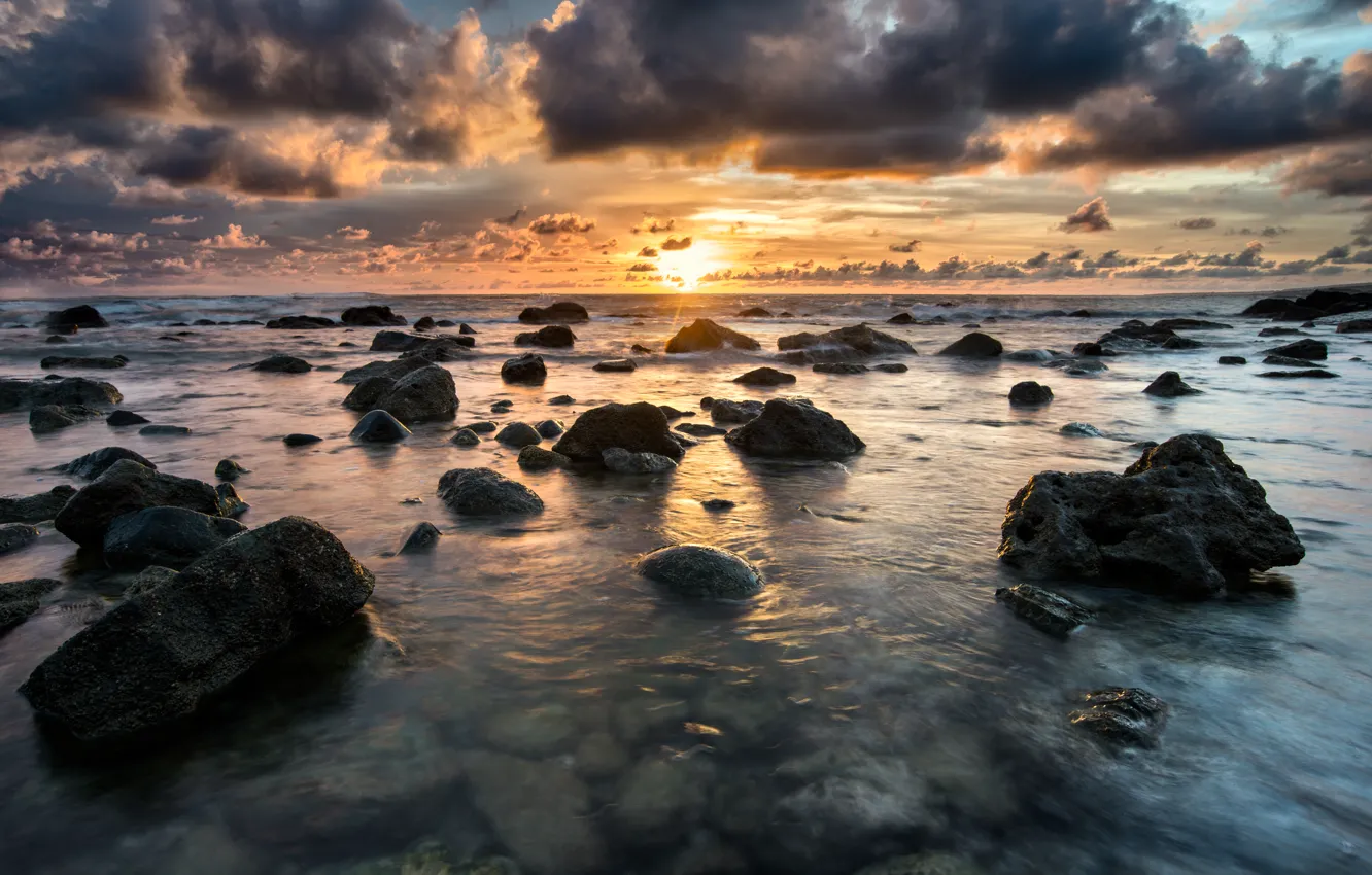 Photo wallpaper sea, wave, clouds, sunset, rocks, waves, sea, sunset