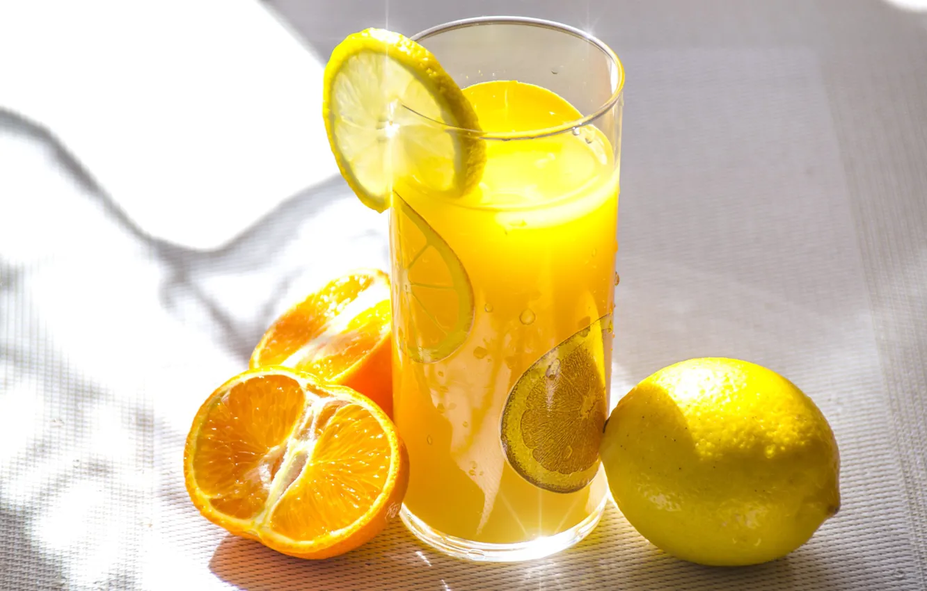 Photo wallpaper glass, lemon, orange, fruit, citrus juice